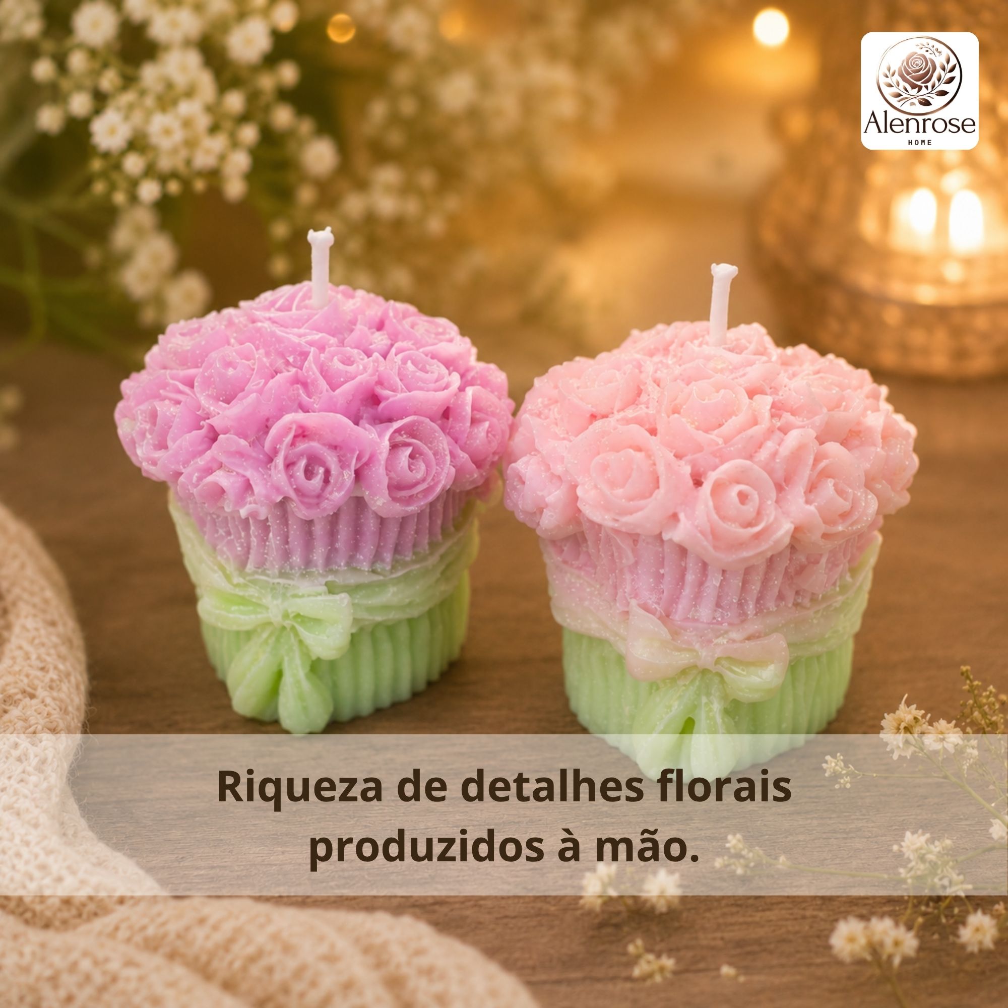 Kit 2 Velas Aromáticas Decorativas Buquê de Rosa Artesanais em Cera Vegetal de Coco para Decoração e Presente - Imagem 3