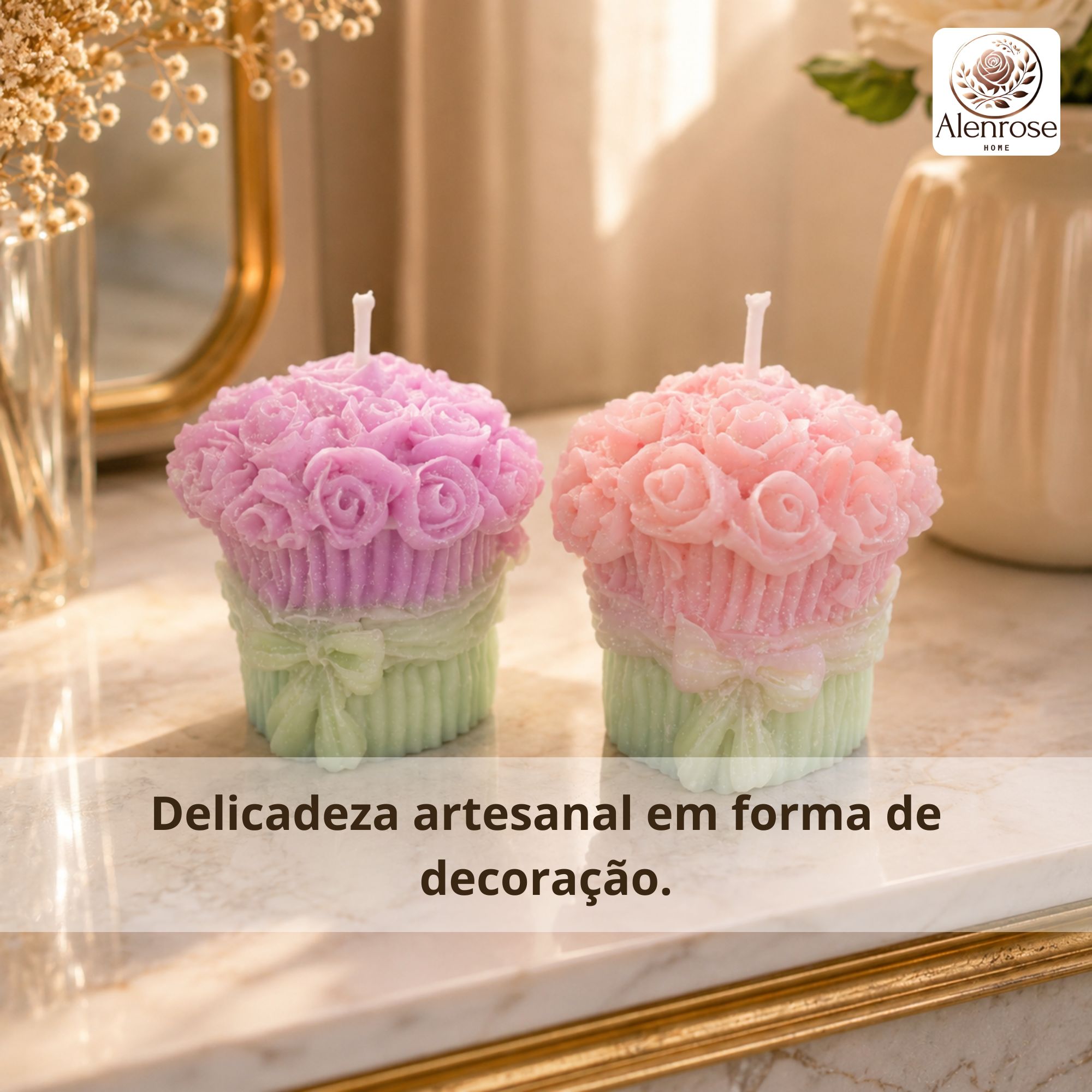 Kit 2 Velas Aromáticas Decorativas Buquê de Rosa Artesanais em Cera Vegetal de Coco para Decoração e Presente - Imagem 5